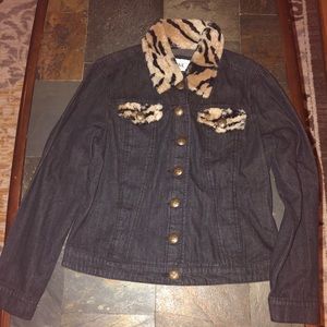 Adorable denim jacket with animal print trim
